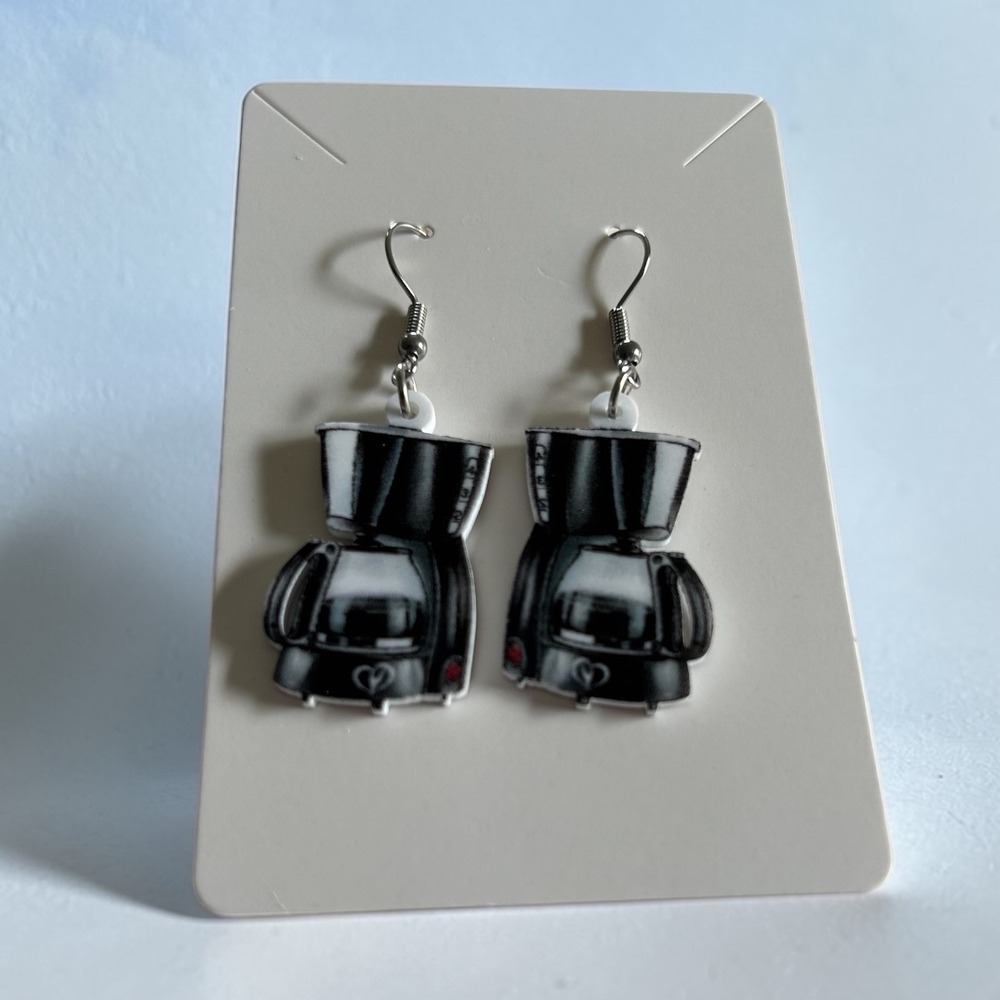Handmade Coffee Maker Acrylic Dangle Earrings Black Silver Barista Novelty Gift